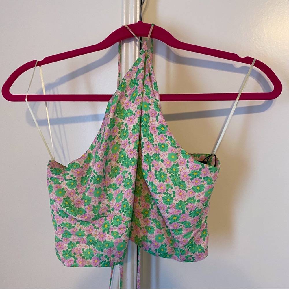 pink and green floral zara halter top